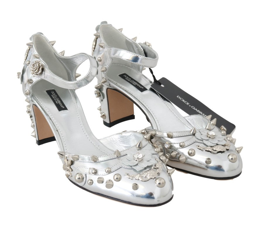Silver Leather Floral Studded Pumps