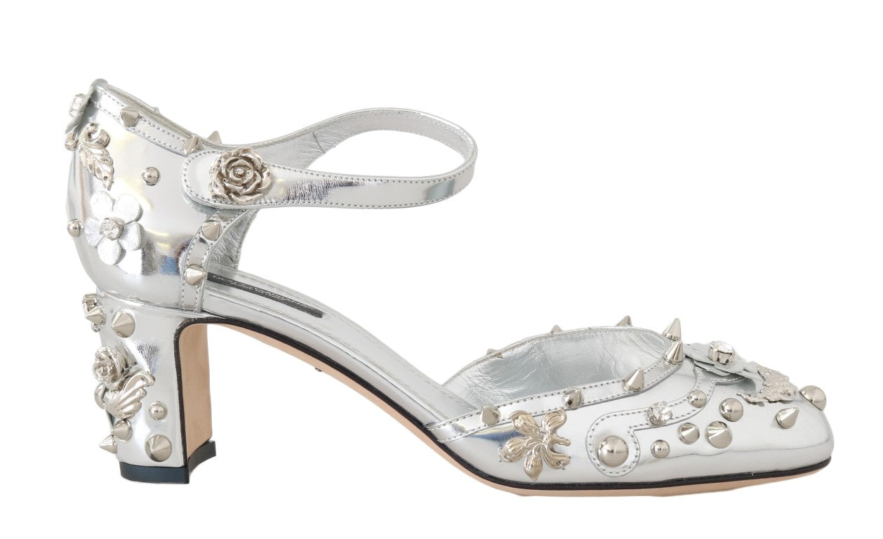 Silver Leather Floral Studded Pumps