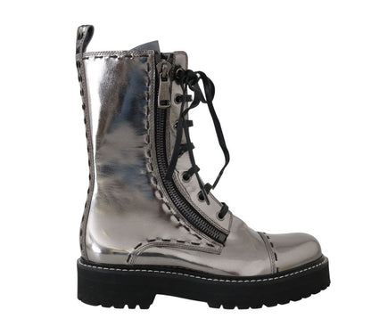 Silver Leather Zipper Mid Calf Boots