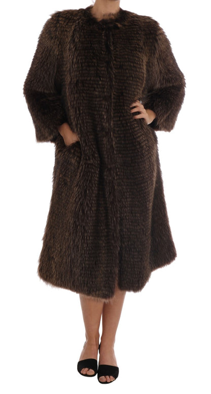 Elegant Brown Raccoon Fur Knee-Length Coat