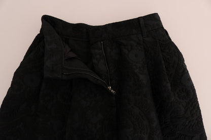 Black Brocade High Waist Capri Shorts