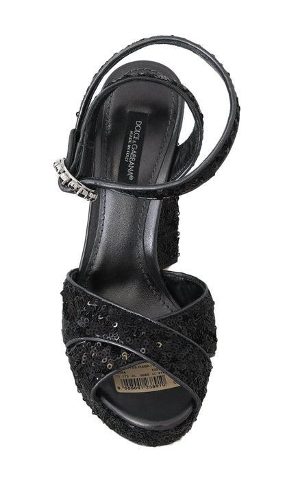 Black Leather Sequined Crystal Sandals