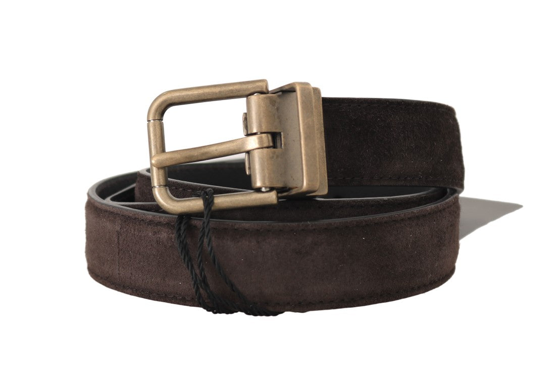 Brown Suede Leather Gold Buckle Mens Belt