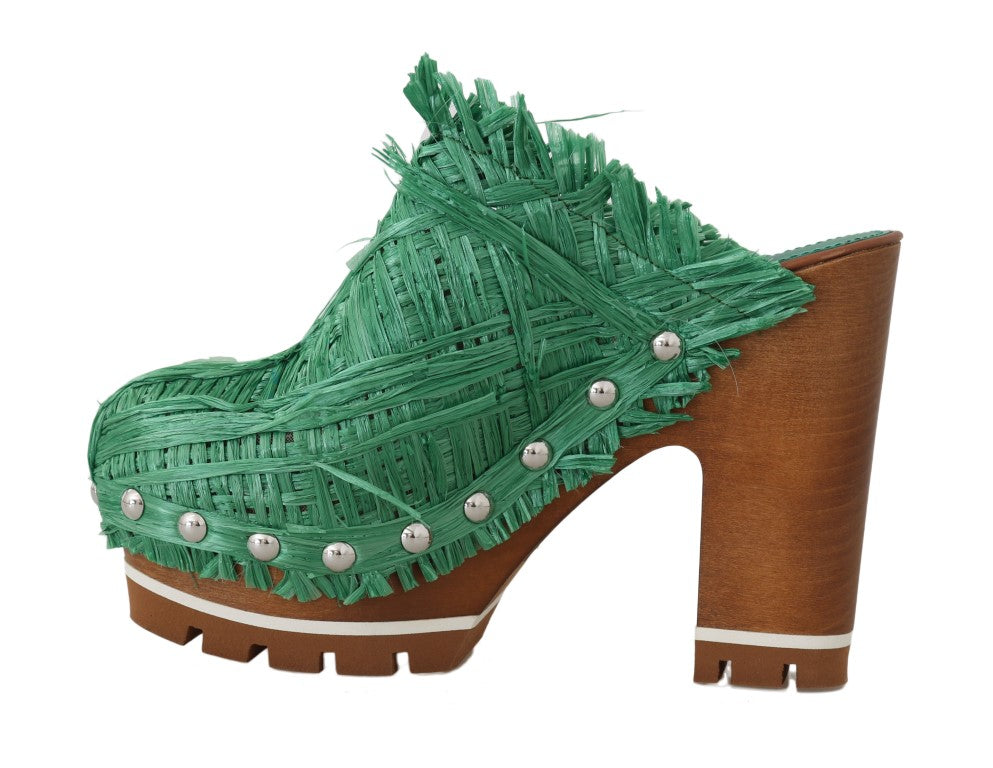 Green Raffia Mules Wood Heels Slides