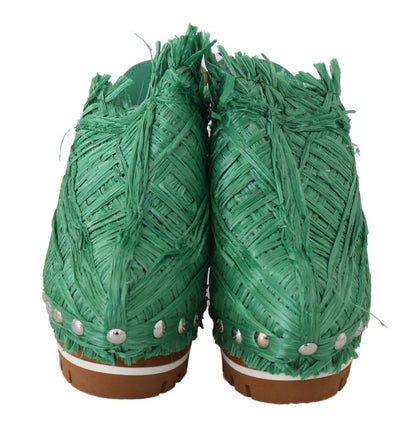 Green Raffia Mules Wood Heels Slides