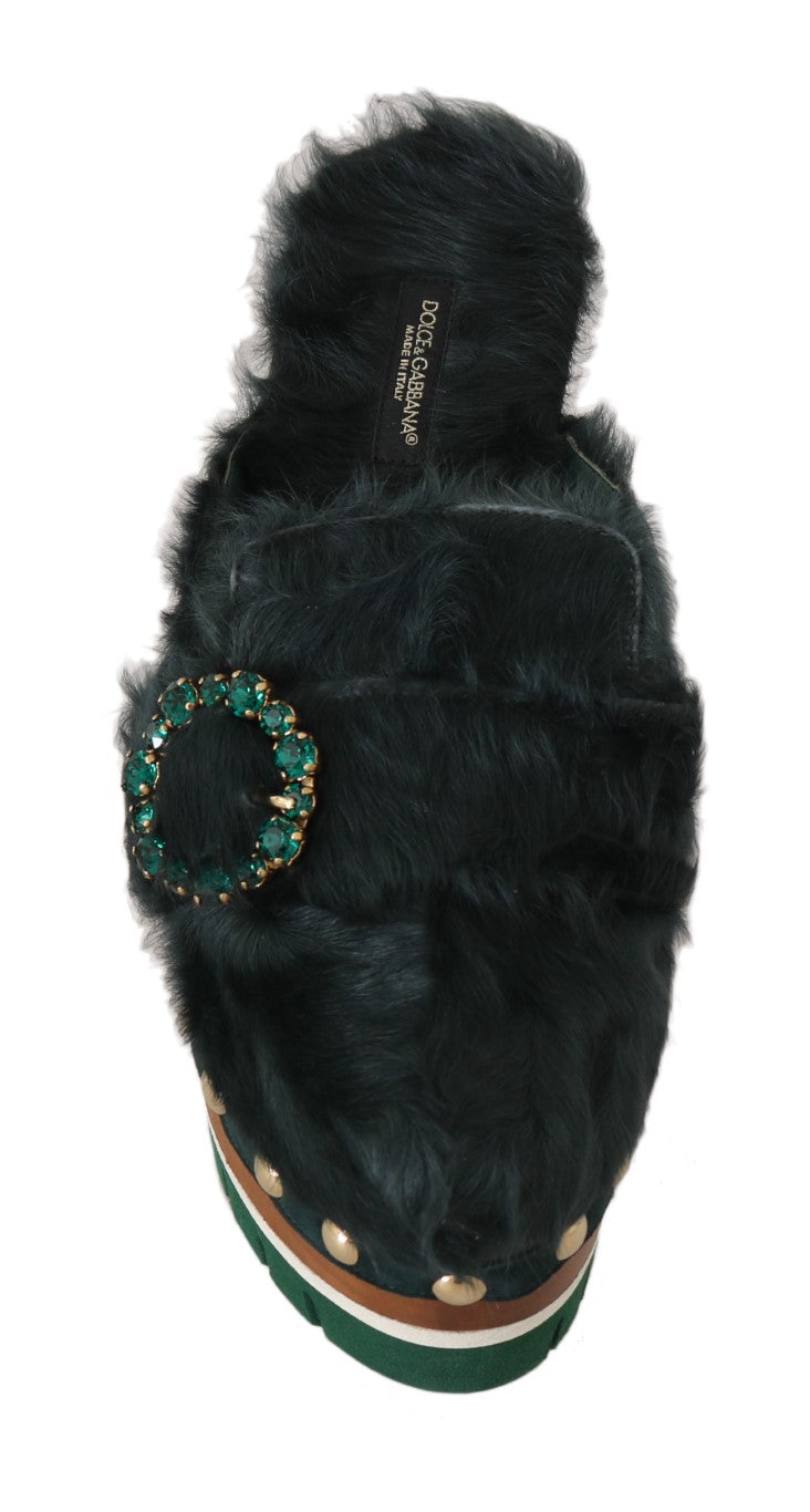 DOLCE & GABBANA Black Green Xiangao Fur Crystal Mules