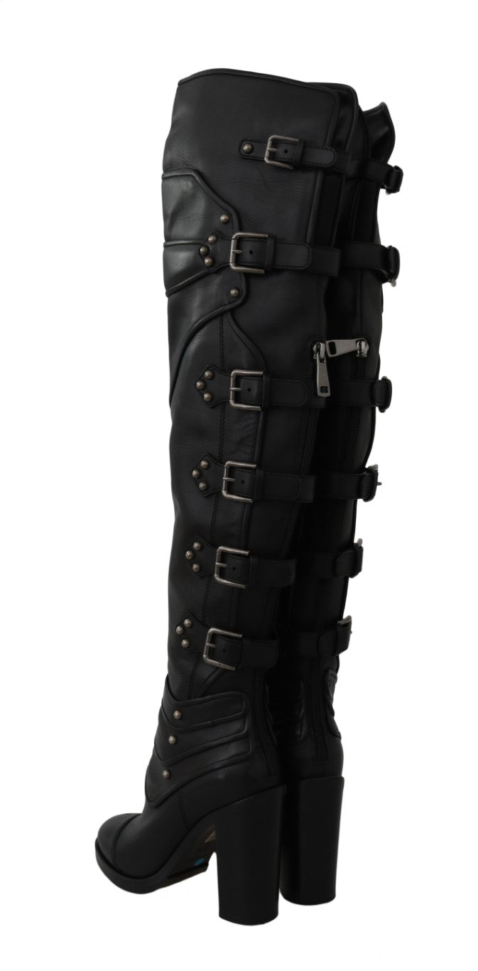 Dolce & Gabbana Black Leather Over Knee Biker Boots