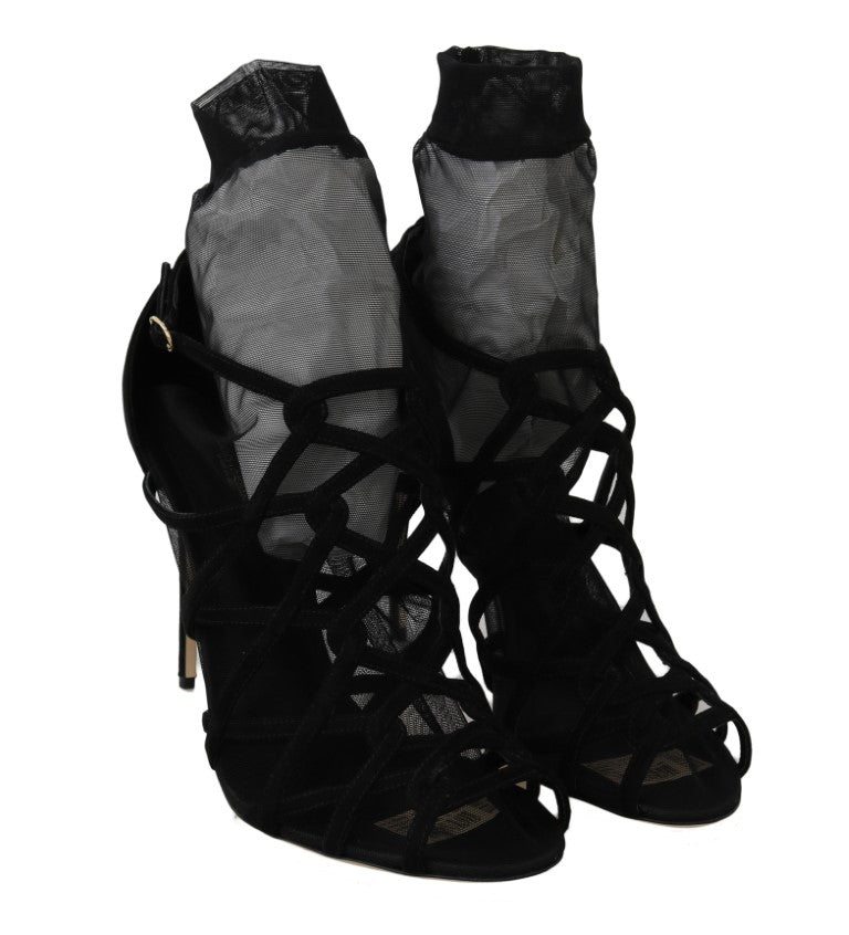 Dolce & Gabbana Black Suede Tulle Ankle Boots Sandals