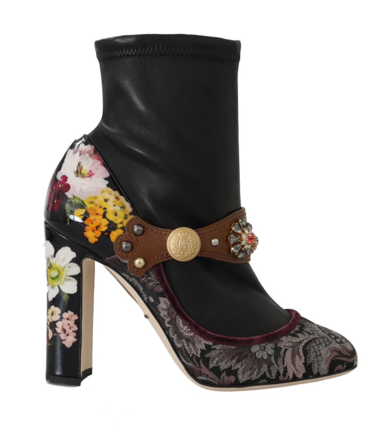 Black Jacquard Floral Ankle Boots