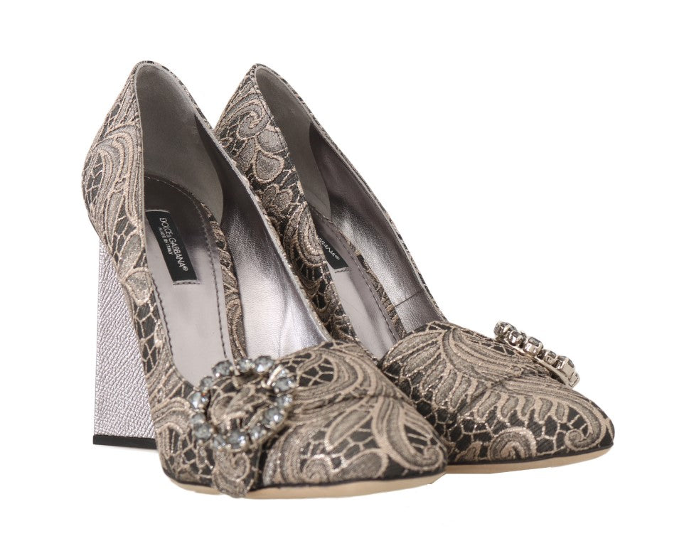 Gray Jacquard Floral Crystal Pumps Shoes