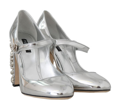 Silver Leather Heart Crystal Pumps