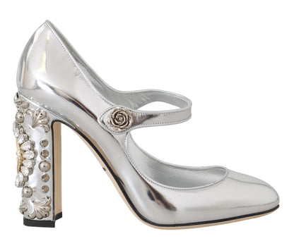 Silver Leather Heart Crystal Pumps