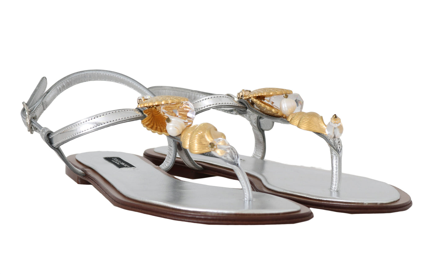 Silver Leather Seashell Pearl Sandals