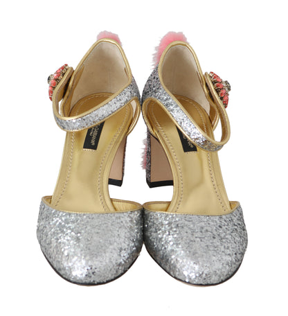 Silver Leather Fur Crystal Pumps