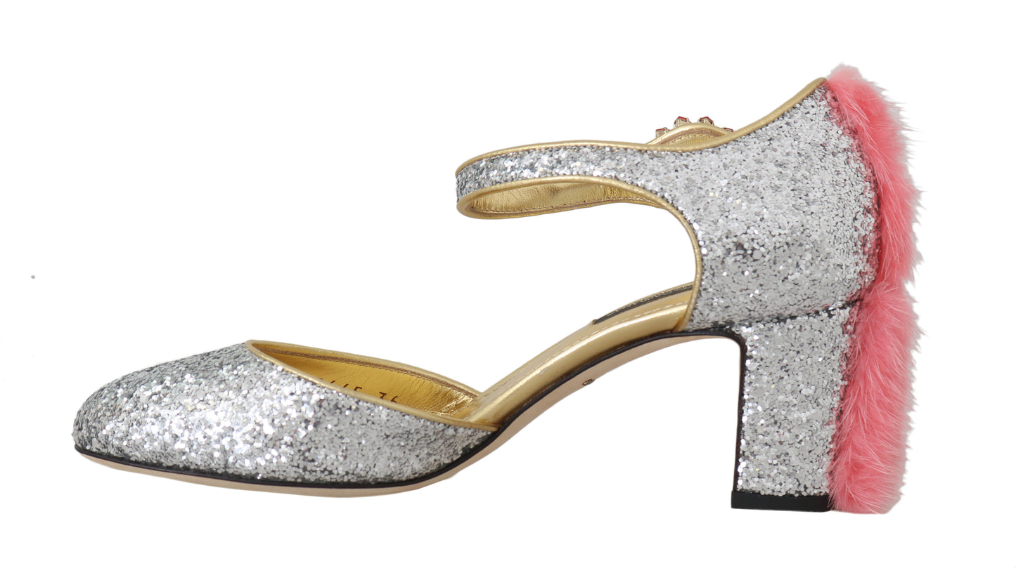 Silver Leather Fur Crystal Pumps