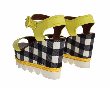 Yellow Leather Check Wedges Platform