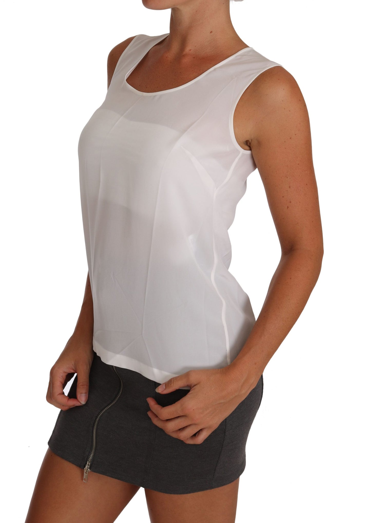 White Silk A-line Sleeveless Blouse T-Shirt Top