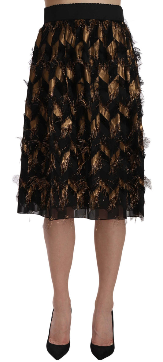 Elegant Gold Black Silk Blend High Waist Skirt