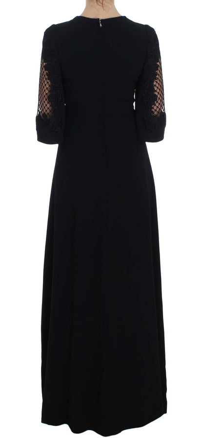 Black Ricamo Wool Stretch Maxi Dress