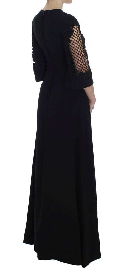 Black Ricamo Wool Stretch Maxi Dress