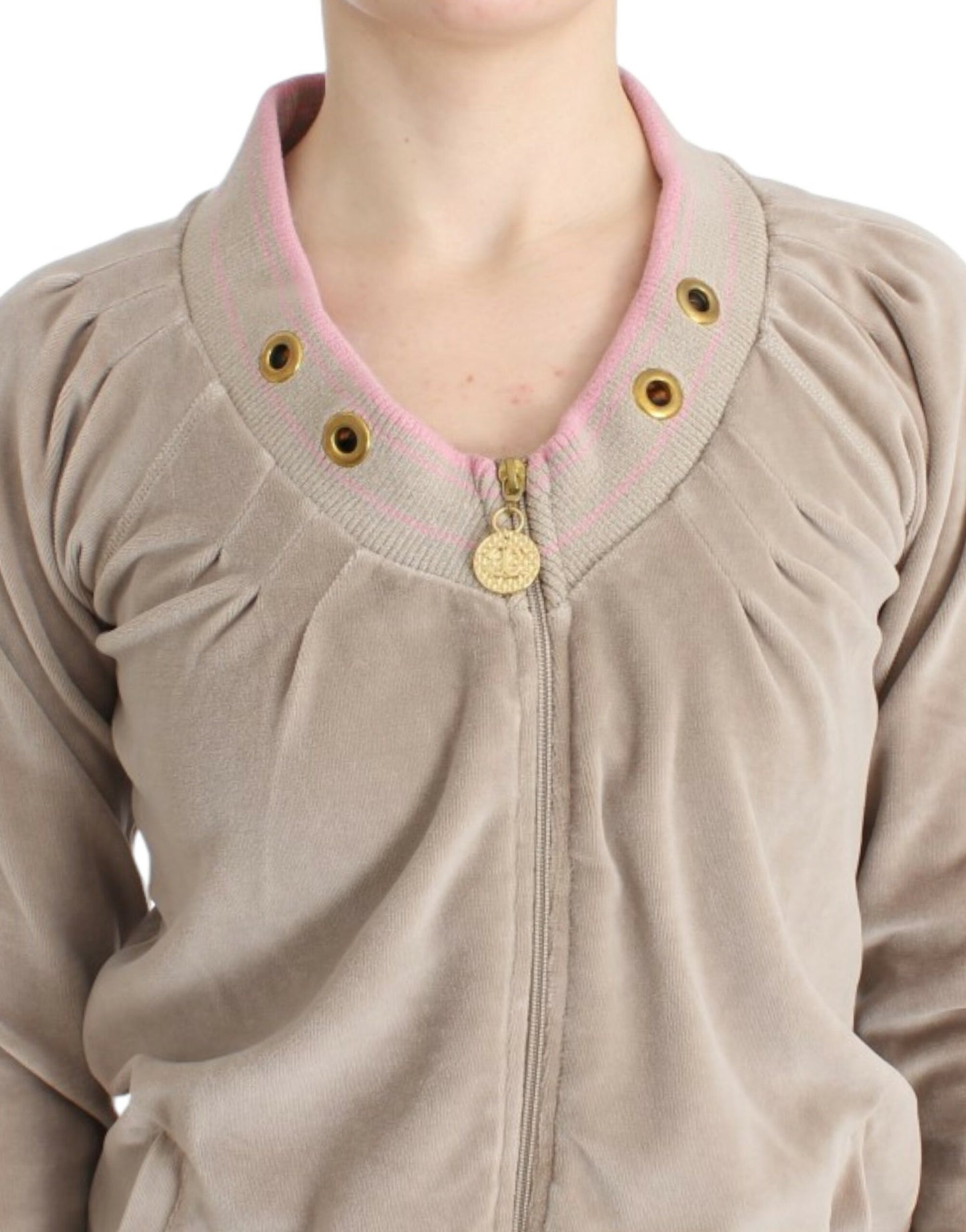 Beige Zip Cardigan with Gold Tone Accents