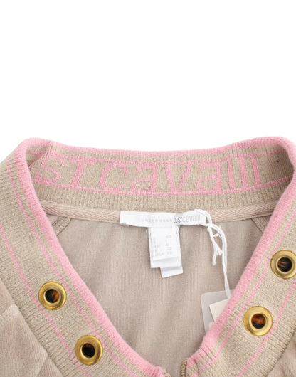 Beige Zip Cardigan with Gold Tone Accents