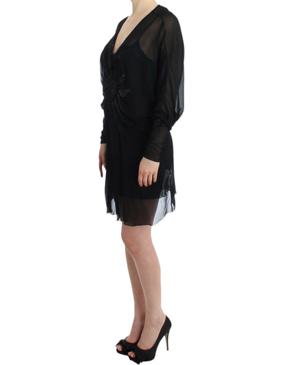 Elegant Sheer Black Silk Blouson Dress