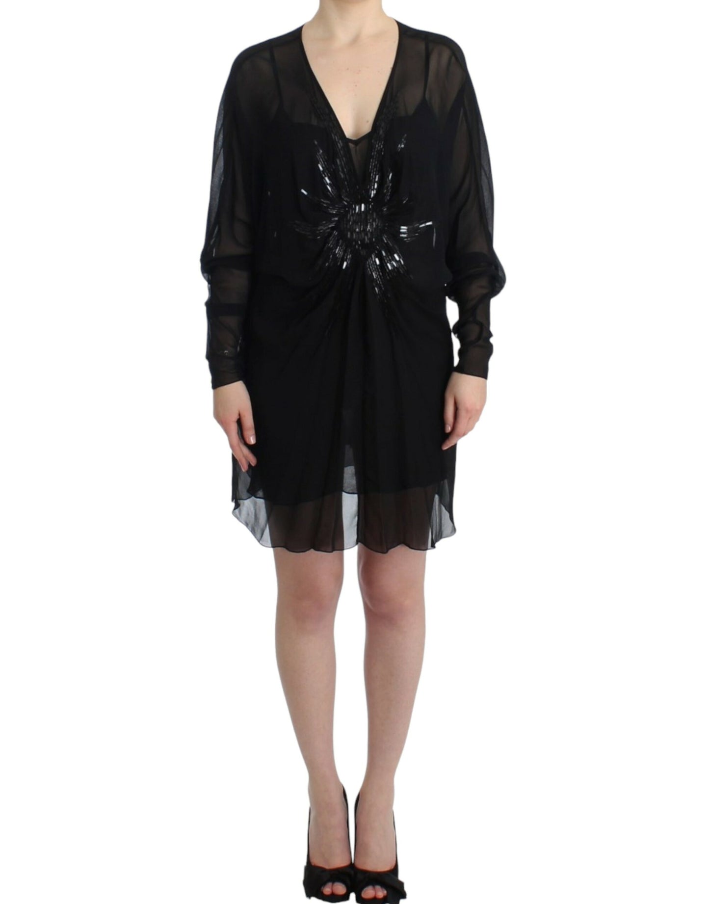 Elegant Sheer Black Silk Blouson Dress