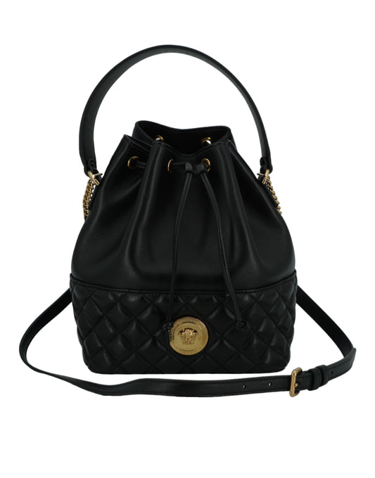 Elegant Black Leather Medusa Bucket Shoulder Bag