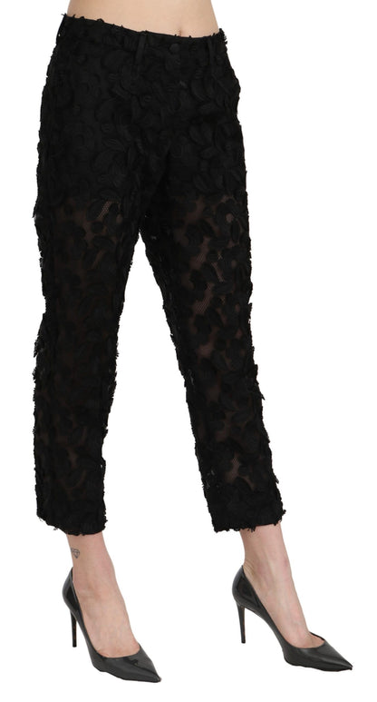 Black Lace Straight Cropped High Waist Pants