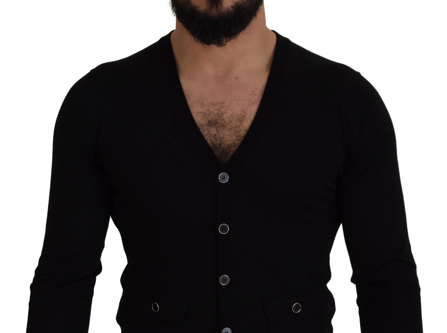 Elegant Wool Buttoned Black Cardigan