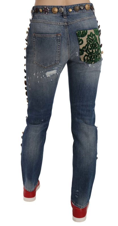 Distressed Embellished Buttons Denim Pants Jeans