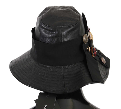 Black Leather DG Coin Crystal Wide Brim Hat