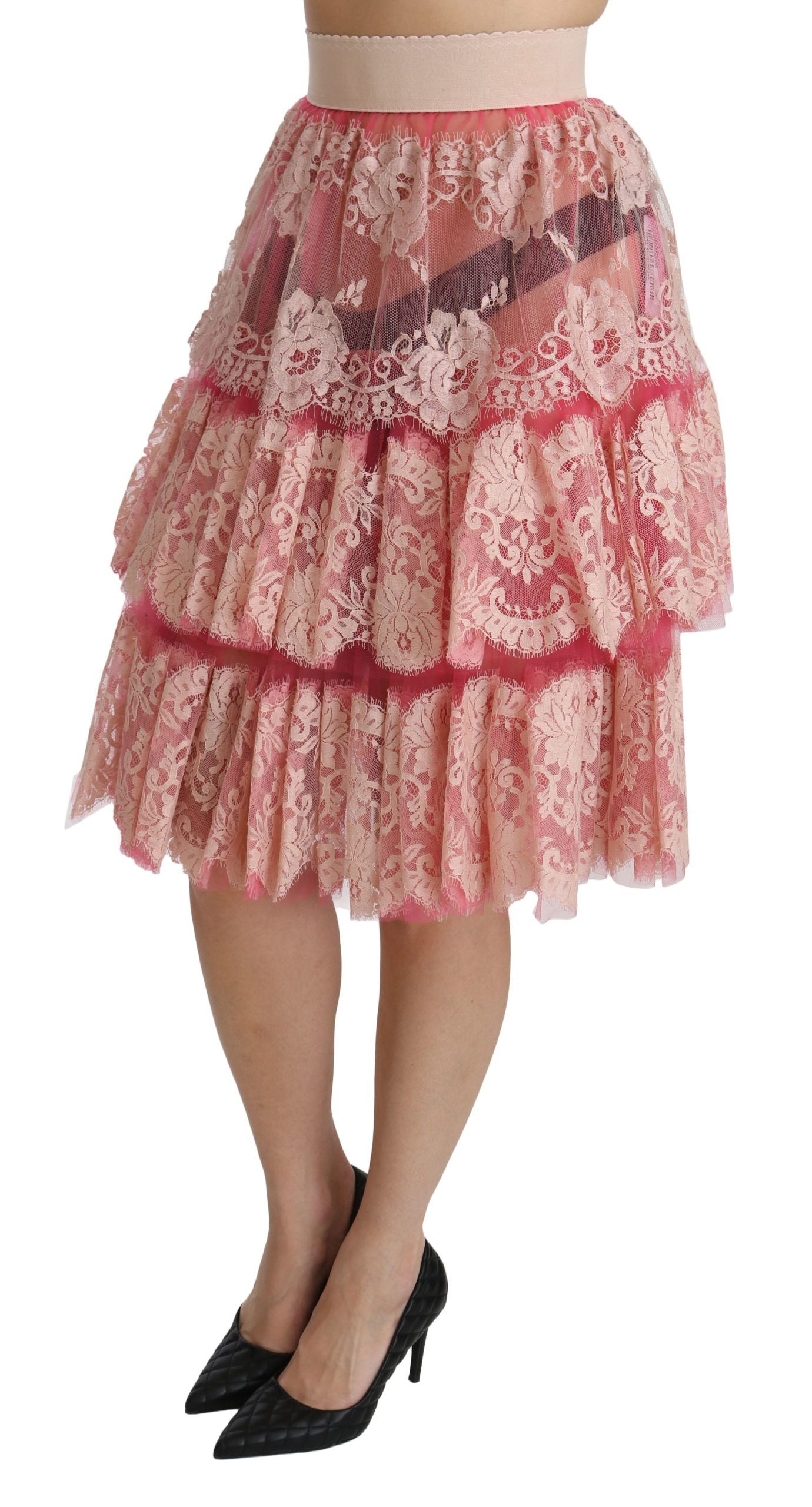 Pink Lace Layered High Waist Knee Length Skirt