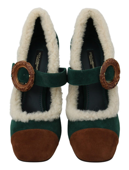 Chic Green Suede Mary Janes with Shearling Trim
