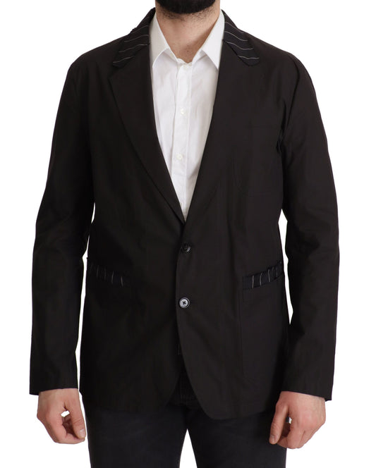 Elegant Black Cotton-Wool Blend Blazer Jacket