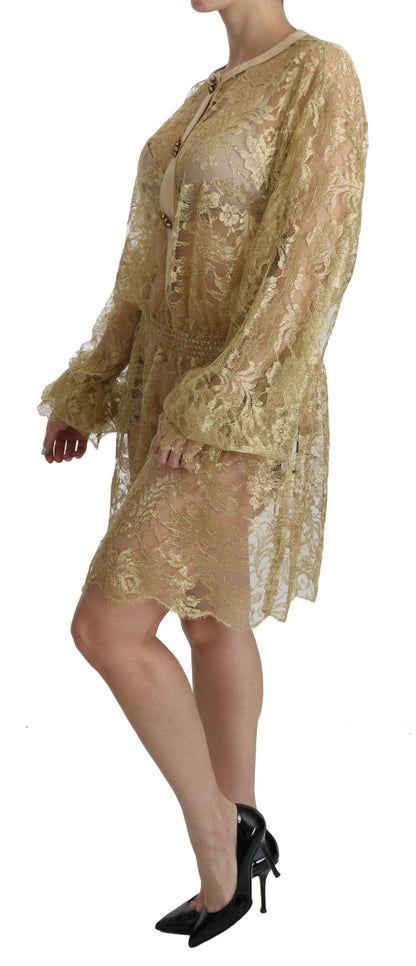 Gold Lace See Through A-Line Knee Length Dress