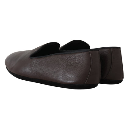 Brown Leather Suede Slides Loafers