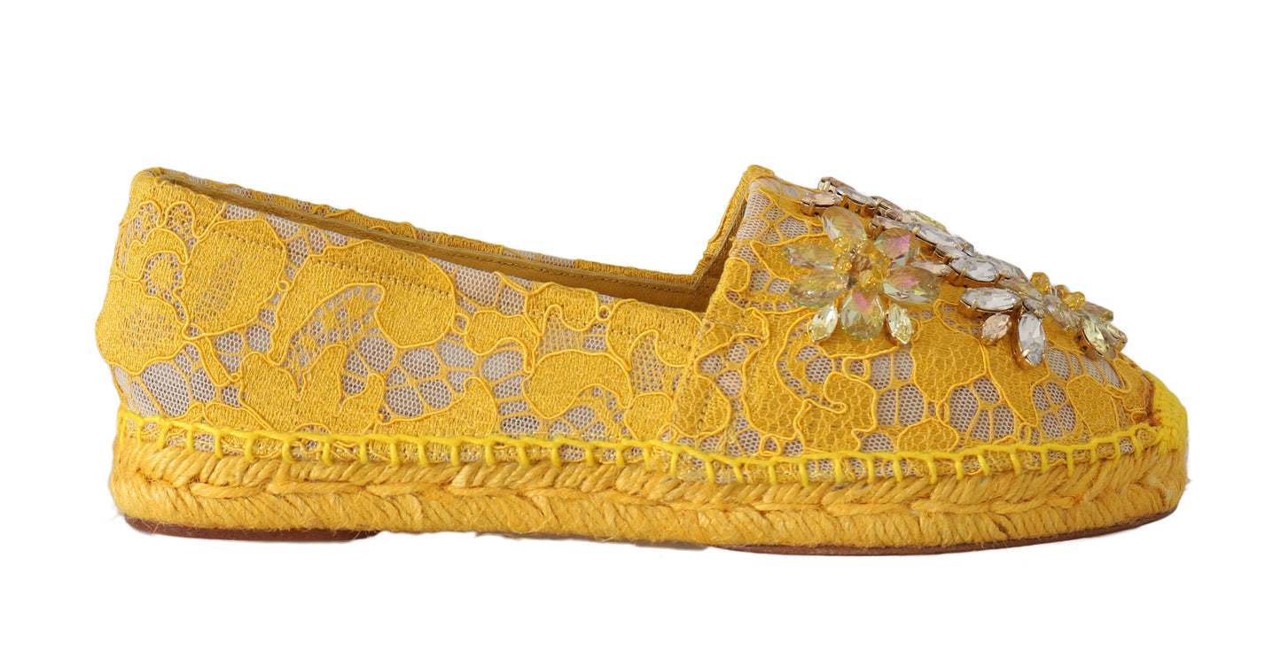 Yellow Lace Leather Crystal Espadrille