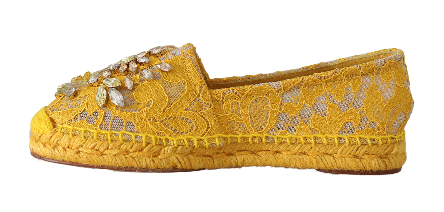 Yellow Lace Leather Crystal Espadrille