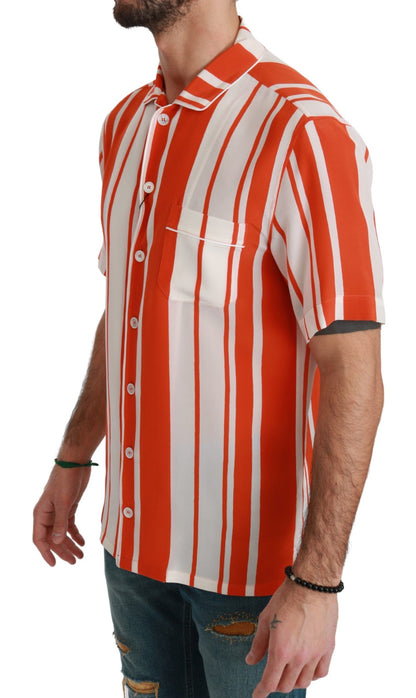 Orange Silk Striped Short Sleeve White Shirt