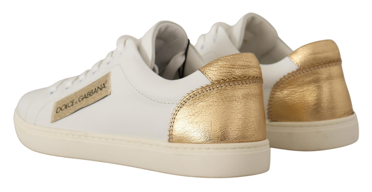 Elegant White Leather Sneakers with Gold Accents