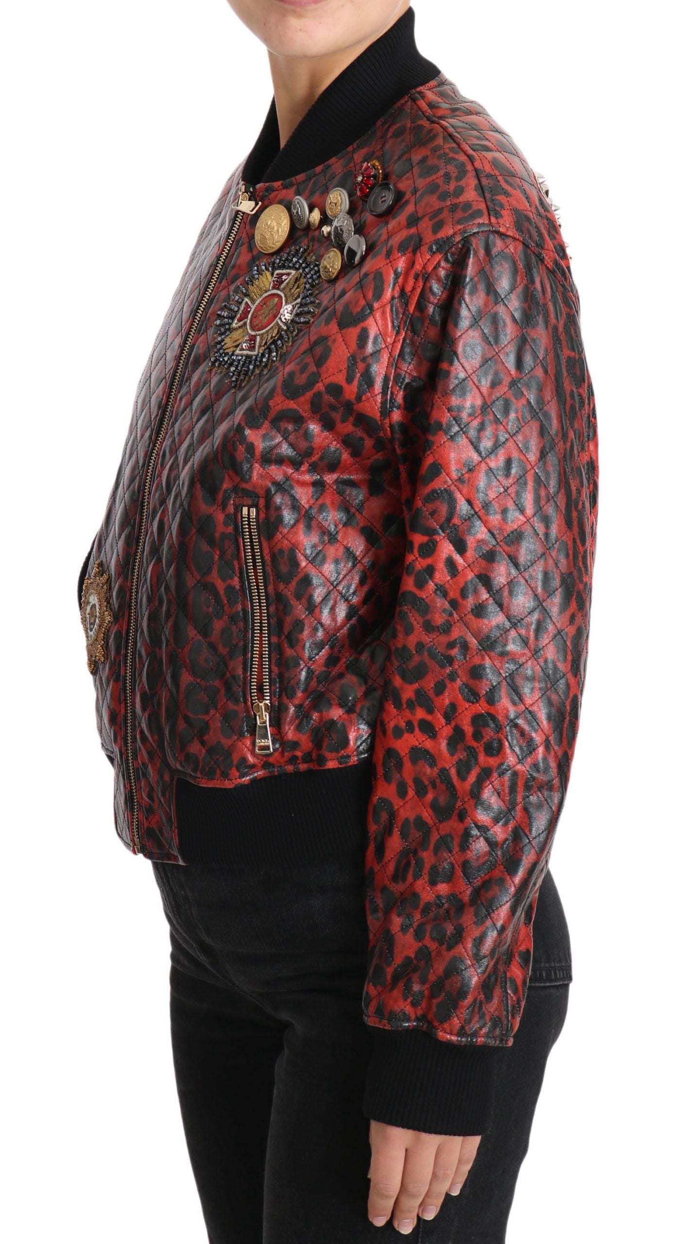 Red Leopard Button Crystal Leather Jacket