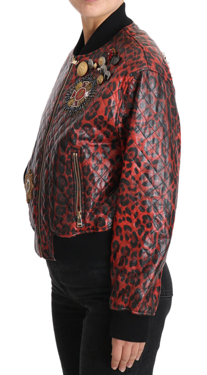 Red Leopard Button Crystal Leather Jacket