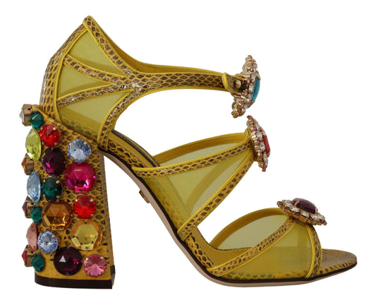 Stunning Crystal-Embellished Yellow Leather Sandals