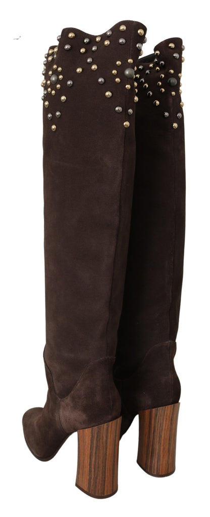 Studded Suede Knee High Boots in Brown