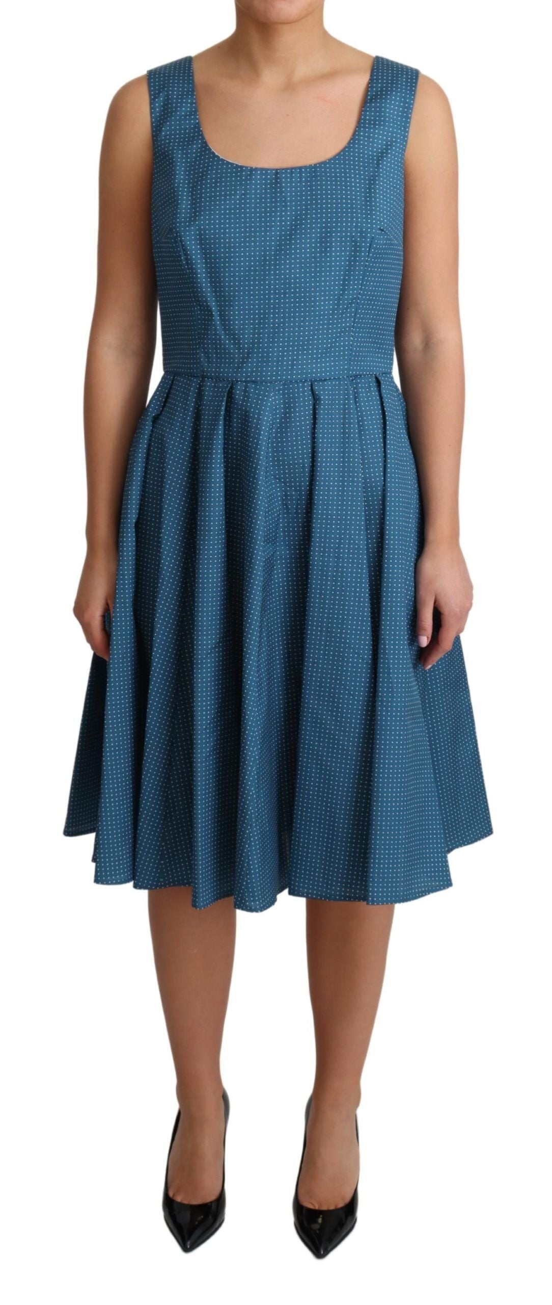 Blue Polka Dotted Sleeveless A-Line Dress