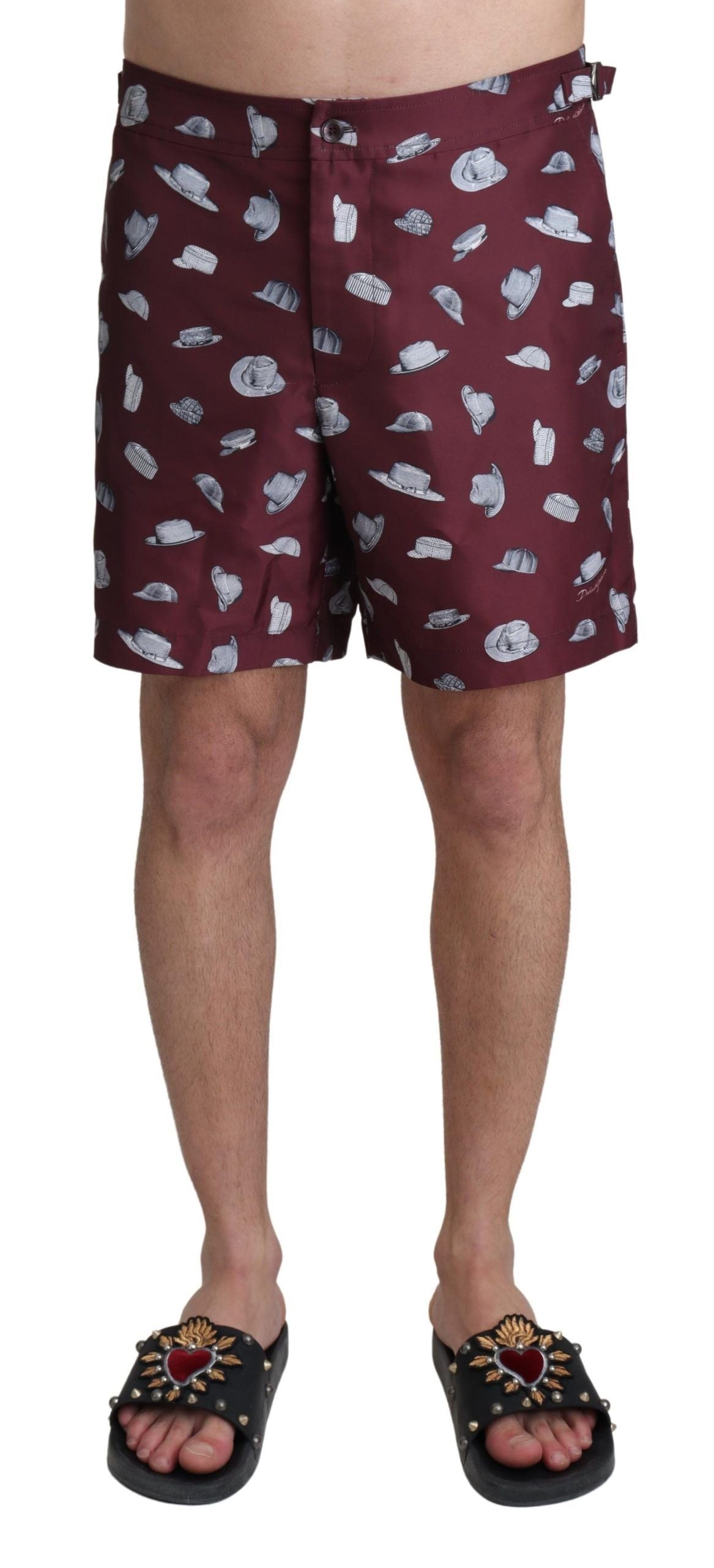 Maroon Hats Print Beachwear Shorts Swimwear