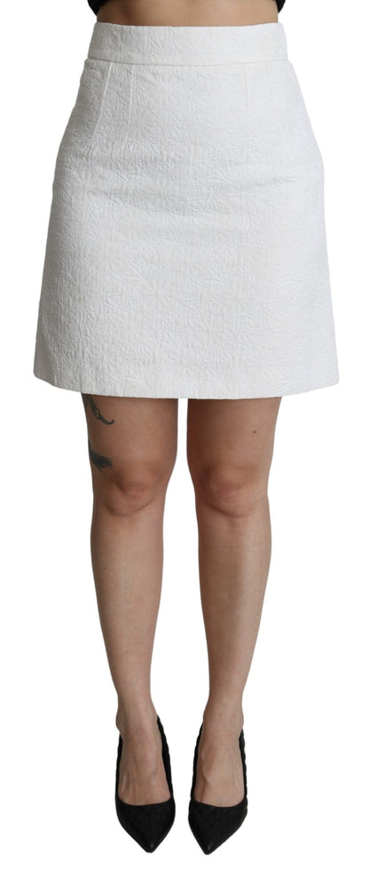White Floral High Waist Mini Brocade Skirt