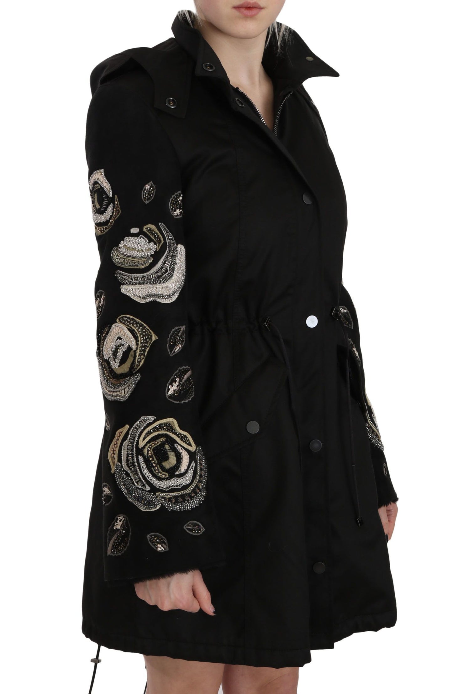 Floral Sequined Beaded Hooded Jacket Coat